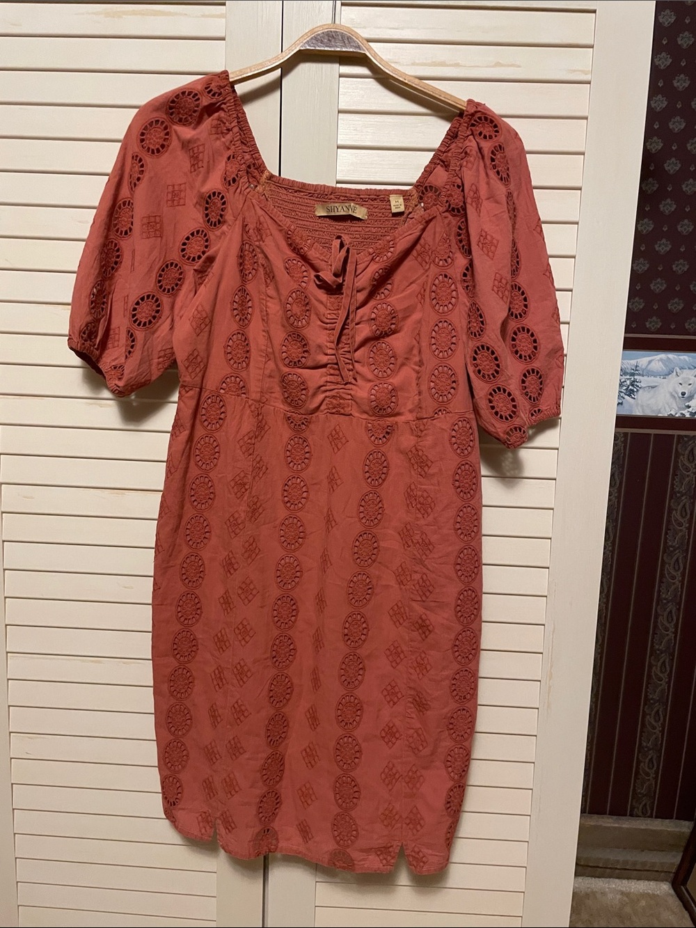 Shyanne Rust Eyelet Midi Dress with Puff Sleeves
